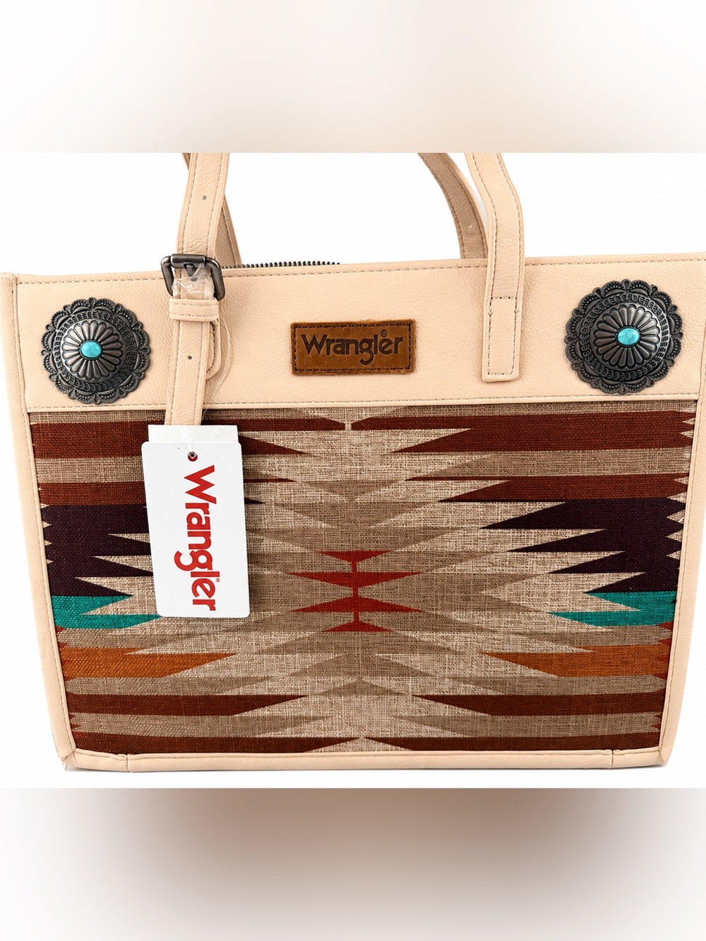 Wrangler Beige Tribal Accent Tote with Turquoise and Rust Details